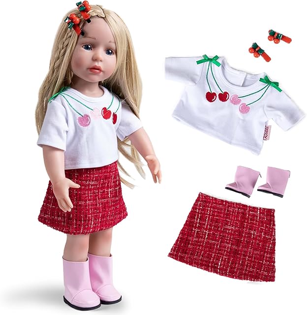 The Doll Clothes Accessories 4 Pcs Set, Shirt & Red Skirt & Cherry Hairpins & Pink Shoes, Fashionable Dress Set for 18" Girl Dolls (Doll Not Included)