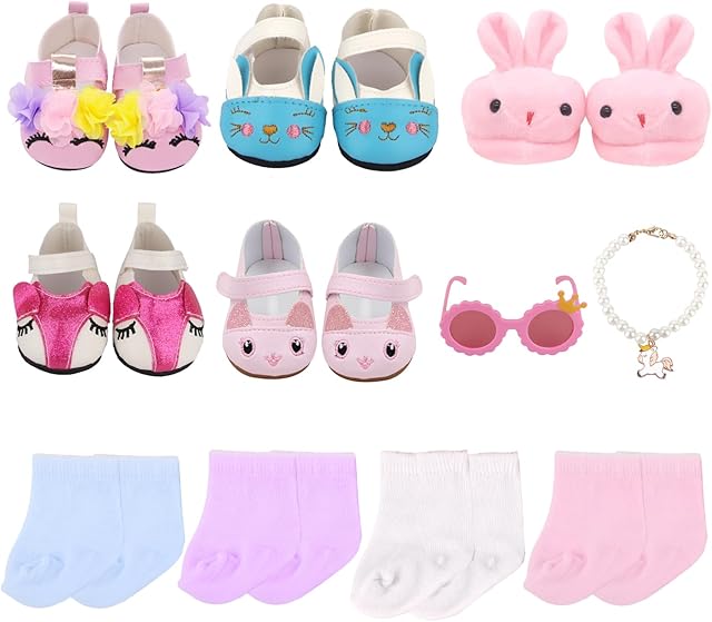 The 20 Pcs 18 inch Doll Accessories , 5 Pairs of Doll Shoes, 4 Pairs of Doll Socks, 1Pc Toy Sunglasses,1Pcs Necklace, Good Gift Holiday Best Gift Present for Girls, Kid