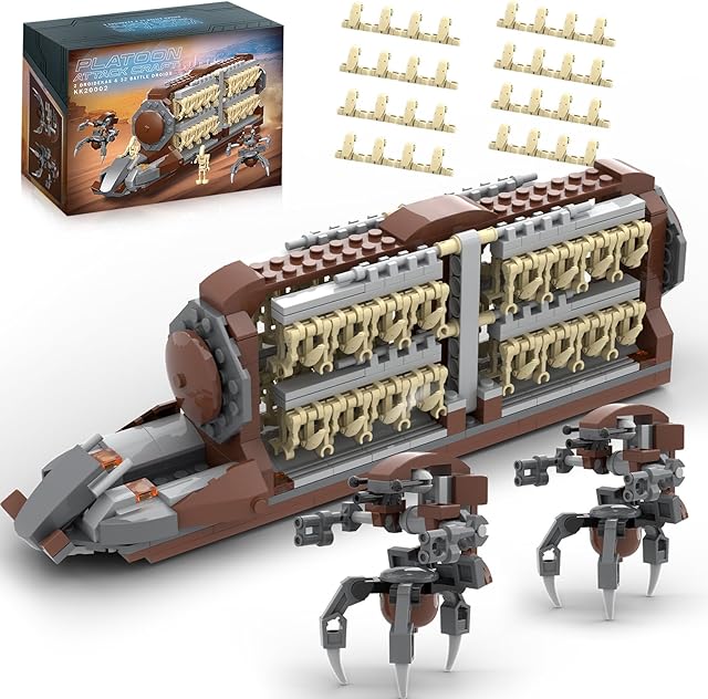 The Battle Army Clone Platoon Attack Craft Building Set, 537 Pieces with 32 Battle Soldiers and 2 Droideka, Troop Carrier Building Toys Gift for Star Fans and Men