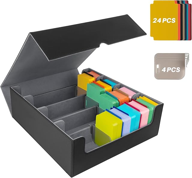 The 3000+ Collectible Trading Card Cases, 4 Rows Deck Case with 24 Pcs Dividers & 4 Supporters, PU Leather Fits MTG, Game & Sport Cards (Black & Grey)