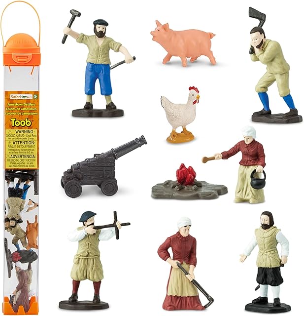 The Safari Ltd. Jamestown Settlers TOOB - 10 Figurines: Sailor, Gardener, Blacksmith, Settlers, John Smith, Chicken, Pig, Cannon - Educational Toy Figures For Boys, Girls & Kids Ages 3+