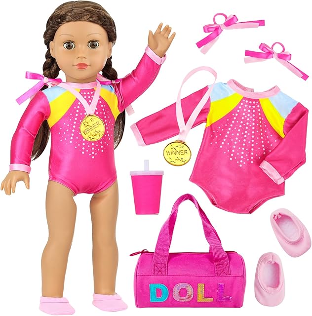 The K.T. Fancy 18 Inch Doll Gymnastics Clothes Set - Pink Leotard, Shoes, Gym Bag, Olympic Medal, Water Bottle & Hair Accessories for Play, Doll Not Included
