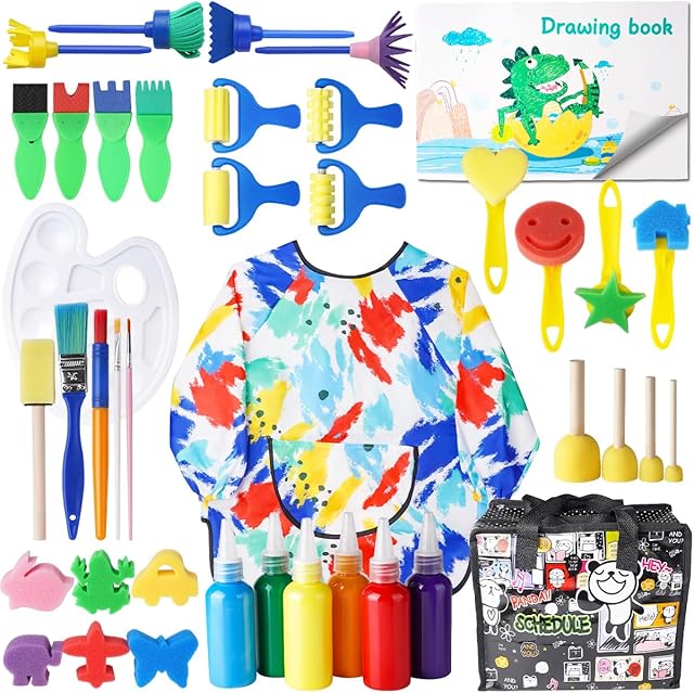 The Toddler Painting Set Washable Paint Smock Brushes for Kids Non Toxic Tempera Finger Paints, Brushes, Paint Paper, Sponge, Palette, Smock Supplies for Toddlers Early Learning Drawing Gifts
