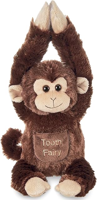 The Bearington 12 in Tooth Fairy Door Hanger Stuffed Animal, Lil' Swings Monkey Tooth Holder, Fairy Doll with Pocket Pouch, for Ages 1-14