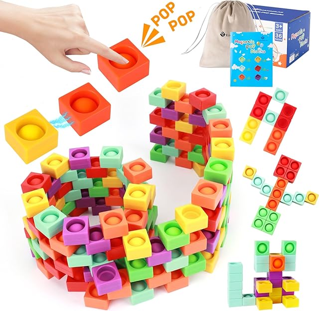 The Unique Magnetic Blocks, 36 Pcs Silicone Pop Building Blocks Fidget Toy, 1.38 Large Strong Magnetic Cubes, Preschool STEM Sensory Montessori Toys for Kids Toddlers Ages 3 4 5 6 7 8