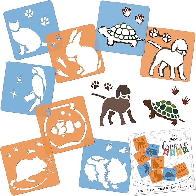 The NAKLEO Painting Stencils for Kids, 8 Pcs Set 6x6? Pets, Children Creative Drawing Templates Plastic and Reusable, DIY Decoration Arts and Crafts, Paper Wall Wood Fabric