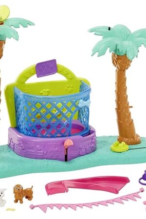 The Polly Pocket Playset, Bounce & Bark Puppy Park with 3-inch Polly Doll, Bouncy House, 2 Pets, Pet Accessories & Balloons, Birthday Theme