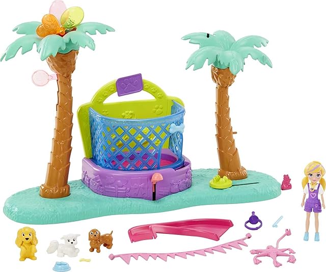 The Polly Pocket Playset, Bounce & Bark Puppy Park with 3-inch Polly Doll, Bouncy House, 2 Pets, Pet Accessories & Balloons, Birthday Theme
