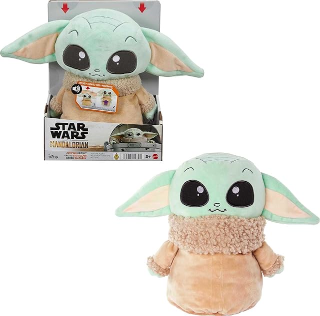 The Mattel Star Wars Jumping Grogu Plush Toy with Jump Action & Sounds, Soft Doll Inspired by Star Wars Mandalorian Book of Boba Fett