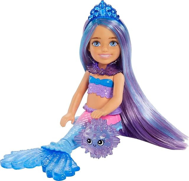 The Barbie Mermaid Power Chelsea Small Doll with Blue & Purple Hair, 2 Ocean Pets & Treasure Chest Accessory