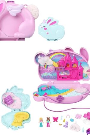 The Polly Pocket Wearable Travel Toy with 2 Micro Dolls and 12 Accessories Including Pets, 2-in-1 Bunny Fun Compact Purse Playset with Bunny Unicorn Theme
