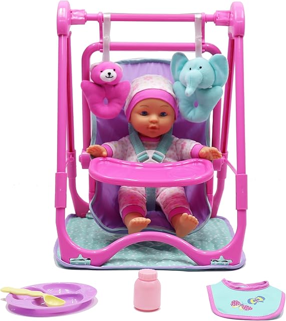 The DREAM COLLECTION: Baby Doll 4-in-1 High Chair Play Set - Pink & Teal - 12" Doll, Hand-Held Carrier, Feeding Accessories, Realistic Play, Kids Ages 2+