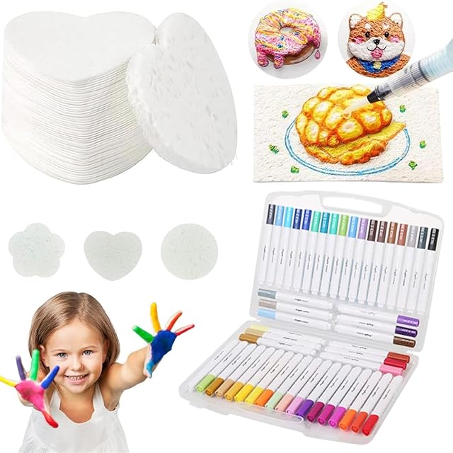 The Magic Foam Texture Painting, 3D Puffy Paint Art Supplies, DIY Bubble Drawing Pens with Canvas Sponge & 24 Water Brush for Creative Magic Foam Texture Art(10pcs Heart)