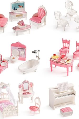 The ROBUD Dollhouse Furniture, Pink Doll House Accessories and Furniture for Dining Room, Bathroom, Bedroomn,Living Room, Dollhouse Accessories Pretend Play Furniture Toys for Kids, WDHXX
