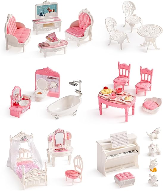 The ROBUD Dollhouse Furniture, Pink Doll House Accessories and Furniture for Dining Room, Bathroom, Bedroomn,Living Room, Dollhouse Accessories Pretend Play Furniture Toys for Kids, WDHXX