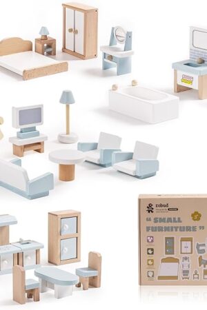 The ROBUD Wooden Dollhouse Furniture Set, 23 Pcs Dollhouse Accessories, Miniature Furniture Including 5 Room Kits, Dollhouse Furniture Pretend Play Toys for Boys, Girls & Toddlers, 3+