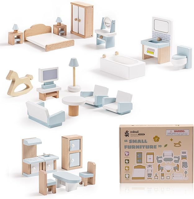 The ROBUD Wooden Dollhouse Furniture Set, 23 Pcs Dollhouse Accessories, Miniature Furniture Including 5 Room Kits, Dollhouse Furniture Pretend Play Toys for Boys, Girls & Toddlers, 3+