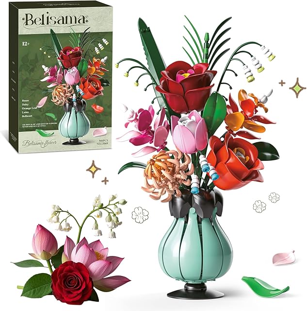 The Flowers Bouquet Building Blocks Set with Vase, Roses, Lotus, Lily of The Valley for Adults, Teen Girls, Botanical Collection Home Décor, Office Decor, Gifts for Valentines Birthdays Mother's Day