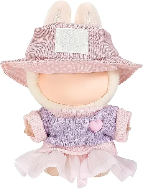 The Doll Clothes Set, Cute Pastel Accessories, Bucket Hats & Knit Sweater Outfits with Skirt for 17cm Dolls (No Doll) (Pink Sweater)