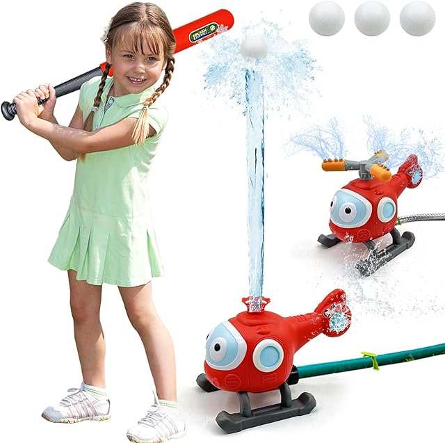 The 2 in 1 Water Sprinklers T Ball Set for Kids and Toddlers, Baseball Sprinkler for Backyard Helicopter Toy, Attaches to Garden Hose Summer Pool Outdoor Water Toy