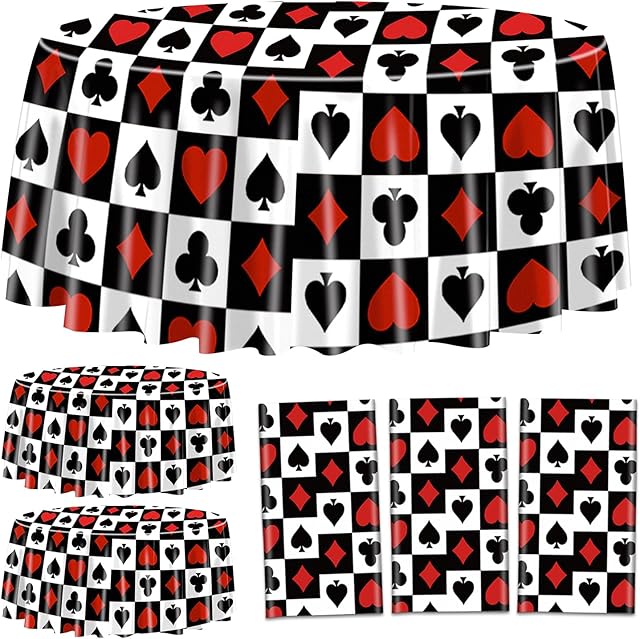 The 3Pcs Casino Tablecloths, Poker Table Cover, Round Casino Theme Table Cloth for Picnic Birthday Playing Card Casino Party Decorations, 84 x 84 Inch