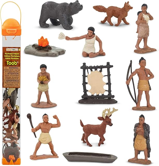 The Safari Ltd. Powhatan Indians TOOB - 12 Figurines: Camp Fire, Canoe, Deer Hide, Warriors, Pocahontas, Chief Whunsoncock, & More - Educational Toy Figures For Boys, Girls & Kids Ages 3+