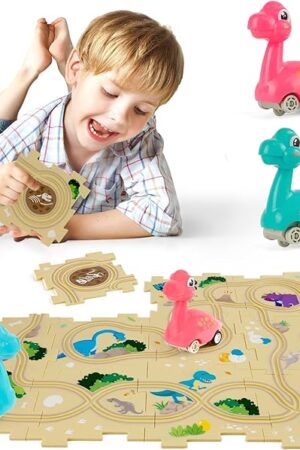 The Puzzle Racer Kids Car Track Set with 2 Dino Cars, Kids Toys for 3-5 Year Old Boys, Montessori Toys for 3+ Year Old