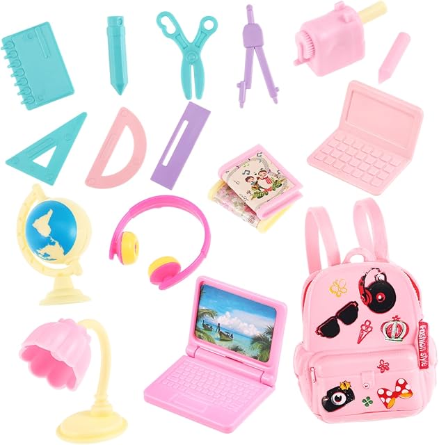 The FAVOMOTO 18PCS Mini Doll School Supplies, Kids Dolls Dollhouse Accessories with Backpacks Rulers Desk Lamps Laptops Miniature Plastic Stationery Set for Dollhouse DIY Crafting School Playsets