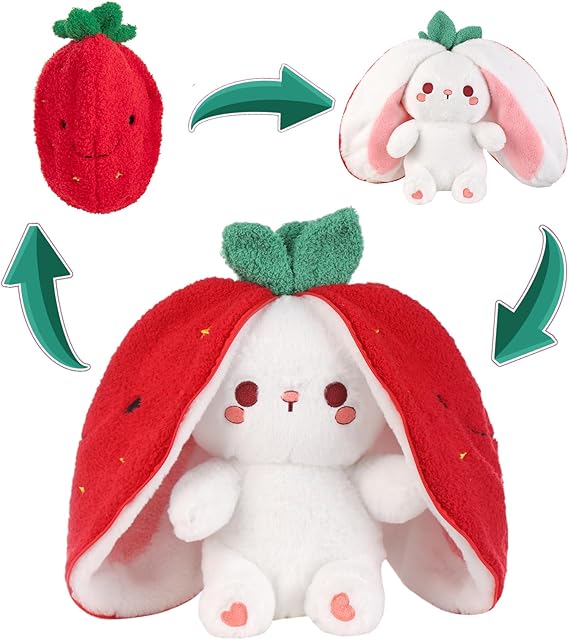 The Emoin Bunny Stuffed Animal Reversible Cuddle Strawberry Bunny Plush Transformed Rabbit Toy Plush with Zipper Easter Bunny Plushies Gifts for Baby Boys Girls-7Inch