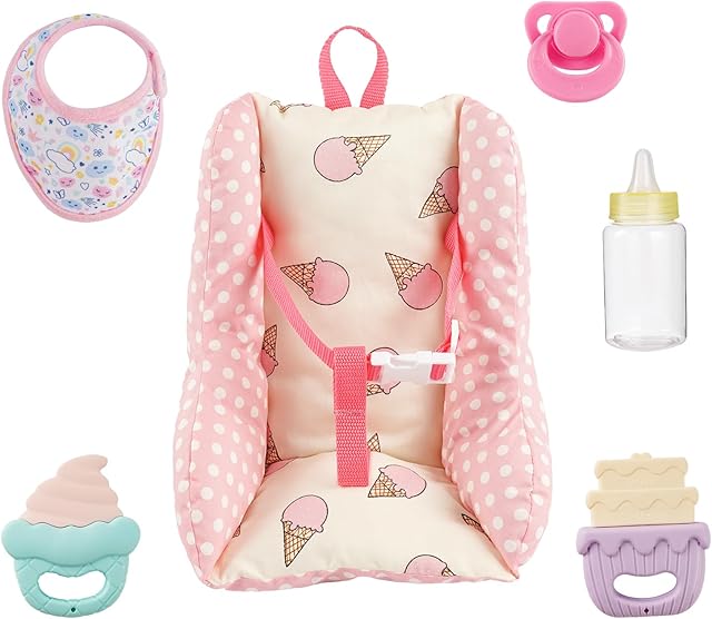 The BABESIDE Baby Doll Accessories – 10-12 Inch Baby Doll Seat and Carrier Set with Bib, Bottle, Pacifier, Rattle – Pretend Play Doll Feeding Chair for Girls