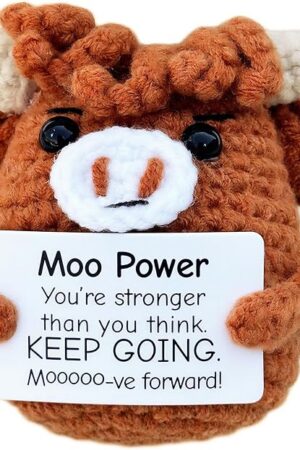 The Positive Crochet Cow, Mini Highland Cow Stuffed Animal, Funny Going Away Gifts & Emotional Inspirational Support Crochet Gifts for Women Men Friends Coworkers - Birthday Christmas