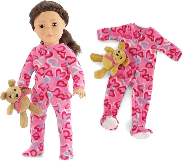 The Emily Rose 18 Inch Doll Clothes Pink Footed Heart PJs Pajamas Gift Set with Teddy Bear Accessory | Gift Boxed | Compaitble with 18" American Girl Dolls | Doll Not Included