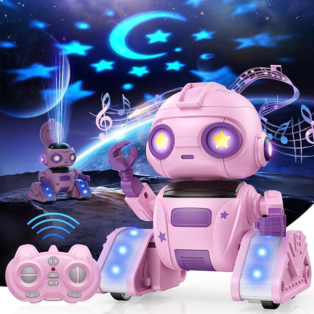 The BAIWU Robot Toys for Kids,RC Robot with Gesture Sensing & LED Eyes,Star Projector and Music,Easter Gifts for 6+ Years Girls(Pink)