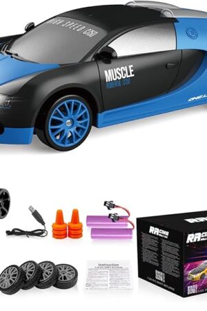 The Remote Control Car RC Drift Car 2.4GHz 1:24 Scale 4WD 15KM/H High Speed Model Vehicle with LED Lights Drifting Tire Racing Sport Toy Car for Adults Boys Girls Kids Gift 2Pcs Rechargeable Batteries