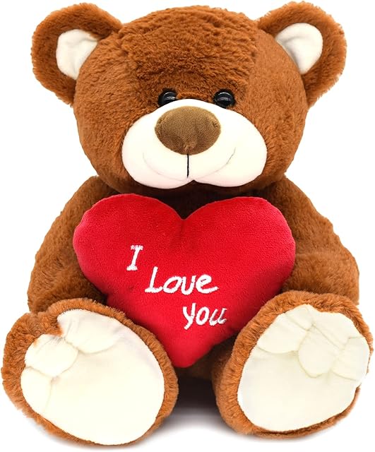 The I Love You! 10'' Teddy Bear with Red Heart, Soft Plush Bear Doll Stuffed Animal Toys, Gifts for Her/Girlfriend Lover Mom Kids (Brown)