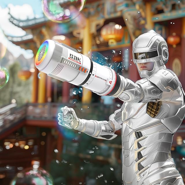 The Bubble Gun and Bubble Machine Rechargeable Bubble Maker with Rainbow LED Lights and Music 10000+ Bubbles/M for Kids Outdoor Party Fun Automatic Bubble Blower for Boys Girls (Sci-Fi White)
