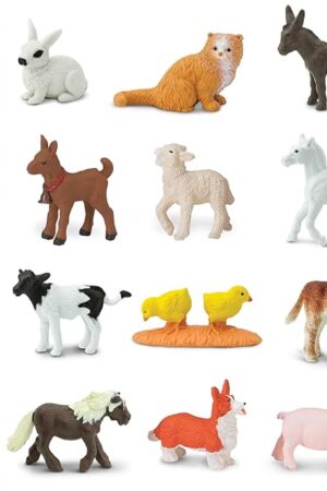 The Safari Ltd. Farm Babies TOOB - Figurines: Donkey, Pony, Goat, Lamb, Horse, Cat, Corgi, Pig, Chicken, Holstein, Bunny - Educational Toy Figures For Boys, Girls & Kids Ages 3+