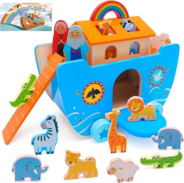 The Wooden Noah's Ark Toy Baptism Gifts for 1 2 3 4 Years Old Baby Boy and Girl Montessori Educational Toy for Toddlers with Bible Story Animal Shape Sorter