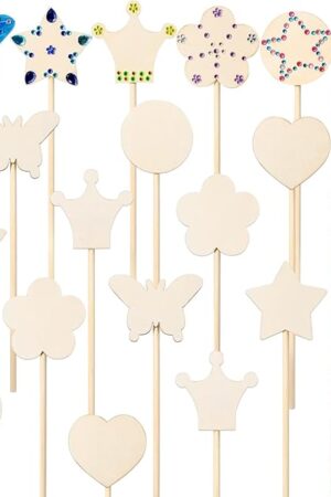 The Pllieay Princess Fairy Wands Kit Include 18 Pieces 6 Styles Unfinished Wooden Princess Wand and 4 Gem Stickers Princess Art Magical Show for Party Supplies