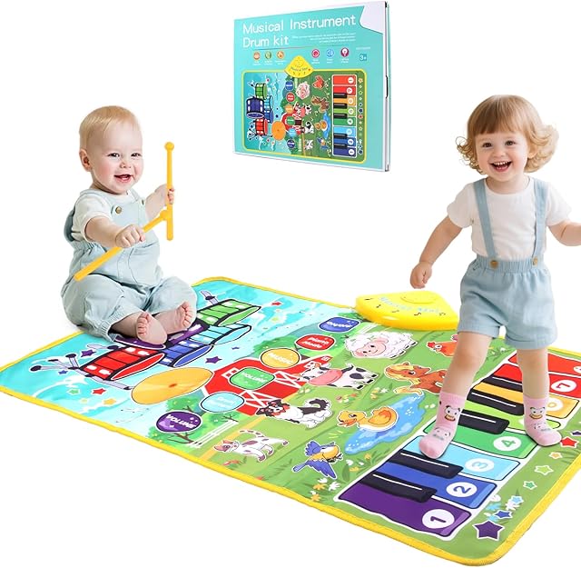 The 3-in-1 Musical Mats,Kids Floor Piano Drum Animal Music PlayMat,Montessori Sensory Early Educational Learning Toys for Baby,Girls Boys Infant Music,Birthday Christmax Toddlers Gifts 1 2 3 4 5 Years Old
