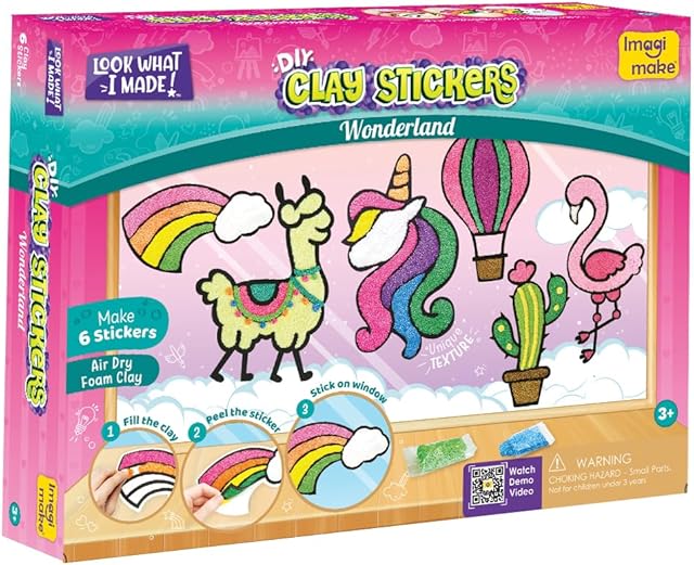 The Imagimake Wonderland Clay Stickers: No Mess Air Dry Foam Clay for Kids, 12 Pouches, 8 Colors, 6 Unique DIY Stickers | Kids Craft Supplies, Travel Toys | Ages 3+