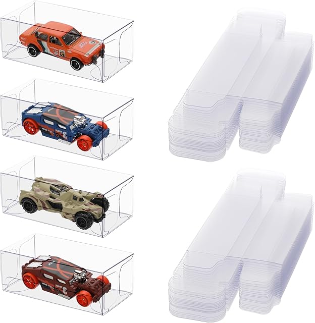 The BTSKY 60 PCS 1/64 Scale Model Display Case Protector Packs Compatible With Hot Wheels Matchbox Collectors - Transparent Toy Car Boxes Square Clear PVC Plastic Diecast Display Case
