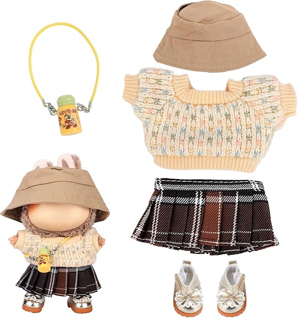 The 5pcs Doll Clothes Set, 15/17cm Doll Outfit Accessories Including Floral Sweater Plaid Skirt Hat Shoes Water Bottle (Brown)