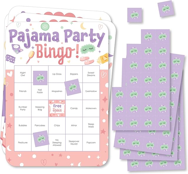 The Big Dot of Happiness Pajama Slumber Party - Bingo Cards & Markers, Girls Sleepover Birthday Party Bingo Game, Games & Activities for Girls Parties -Set of 18