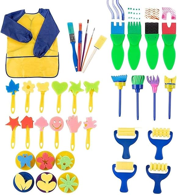 The 36 Piece Kids Painting Kit for Arts and Crafts with Foam Paint Brushes, Rollers and Stamps - Art Supplies - Foam Brush for Kids Craft