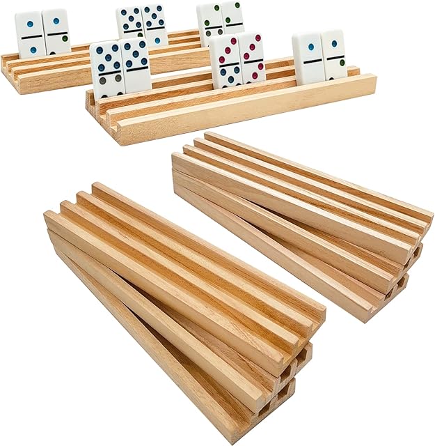 The Wooden Domino Racks/Trays Set of 8 Natural Domino Trays Holders Organizer for Mexican Train Chickenfoot and Other Domino Games - Dominoes NOT Included