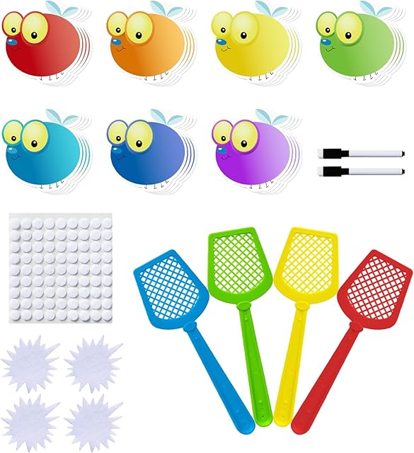 The 28 Fly Cards,4 Fly Swatter, Fly Swatting Games, Sight Words Games, Math Game for Kids, Blank Cards,Erasable, Card 4 Inch