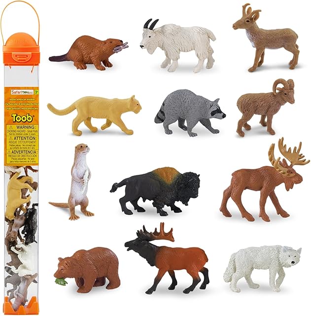 The Safari Ltd. North American Wildlife TOOB - 12 Hand-Painted Mini Figurines Including Grizzly Bear, Bison, Moose, & More - Educational Toy Figures For Boys, Girls & Kids Ages 3+