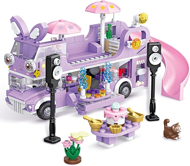 The Bunny Camper Van Building Set, 486PCS Girls Friendship Bus Building Blocks Sets, Compatible with Lego Friend, Summer Beach Camping Music Car Building Toys Gifts for Girls Boys Age 8-12