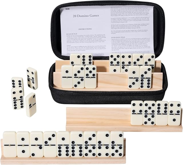 The Dominoes Set for Adults, 28 Tiles with 4 Wooden Racks/Trays, Portable Double 6 Domino Game Set, Classic Board Game for Family Fun